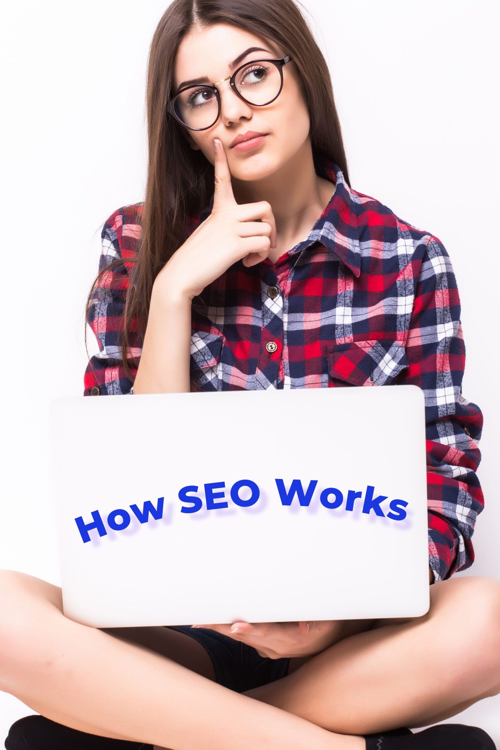 Girl thinking about how SEO works, with digital elements like search engines and website optimization in the background