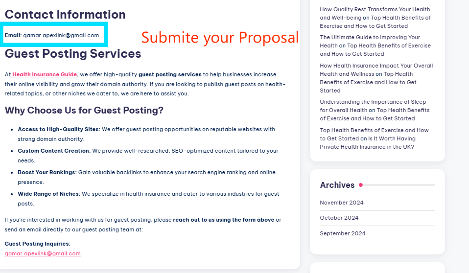 Website contact page highlighting an email address for submitting guest post proposals, emphasizing high-quality guest posting services.