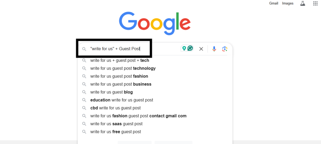 Google search query showing "write for us" + Guest Post with autocomplete suggestions.

