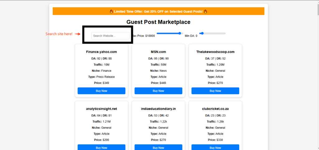 Guest Post Marketplace with search bar and website listings