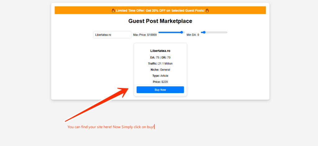 Guest Post Marketplace listing with search and buy option for Libertatea.ro