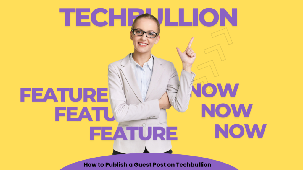 Businesswoman pointing at TechBullion guest post opportunity with a yellow and purple design.